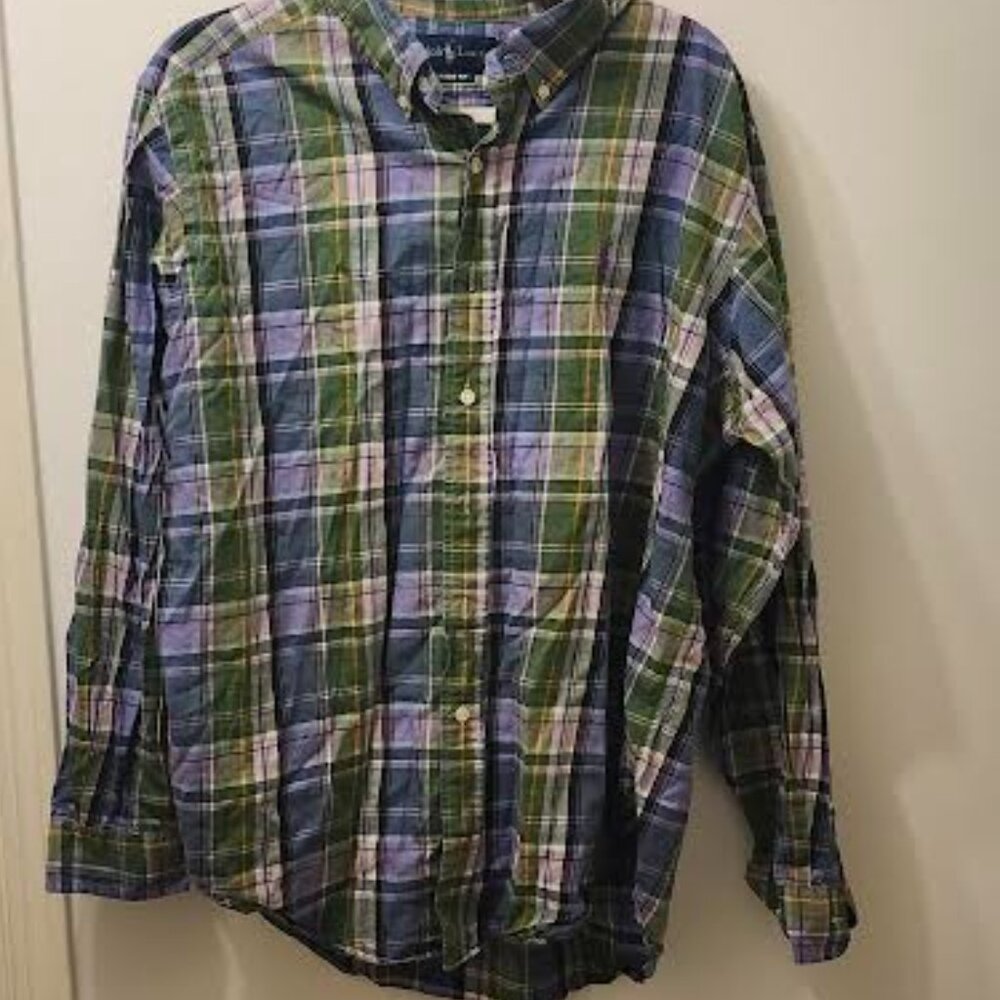 Polo Ralph Lauren Dress Shirt Plaid Purple Pony Logo Button Vintage Men XL